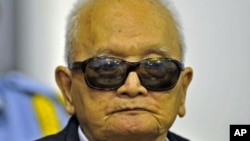 Khmer Rouge "Brother Number Two" Nuon Chea attends a public hearing at the Extraordinary Chambers in the Courts of Cambodia, on the outskirts of Phnom Penh, October 19, 2011.