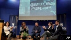 Panel members participate in an event at Bentley University, in Waltham, Mass., where professors and alumni shared some of their worst setbacks to illustrate that even successful people sometimes fail, March 5, 2019. 