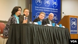 From left to right: Navbahor Imamova, Nicklas Norling, Dr. Sean Roberts and Dr. S. Frederick Starr speak at a forum on March 27 on the social basis of politics in Central Asia. (photo: Ashley Thompson)