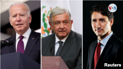 Sòti a goch ale adwat: Prezidan Joe Biden (Etazini), Prezidan Andrés Manuel López Obrador (Meksik), ak Premye Minis Justin Trudeau (Kanada).