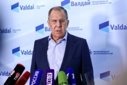 Russia's Foreign Minister Sergey Lavrov speaks with journalists on the sidelines of a conference organized by the Valdai Discussion Club in Sochi, Russia, October 19, 2021. (Russian Foreign Ministry/Handout via Reuters)