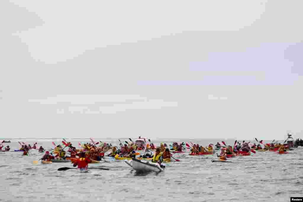 A flotilla of small water craft form a blockade preventing shipping access to Australia&#39;s largest coal port in Newcastle, north of Sydney.