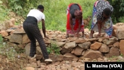 Beneficiaries of WFP's Resilent Program in Zomba, Malawi, construct blockades across rivers to help trap water runoffs during flooding.