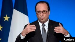 Presiden Perancis Francois Hollande berpidato di Istana Elysee di Paris, 23 Juli 2014. 