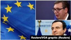 ARHIVA - Zastava Evropske unije i glavni pregovovarači Srbije i Kosova u briselskom dijalogu - Aleksandar Vučić i Aljbin Kurti (Foto: Reuters)
