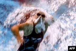 An underwater camera shows Katie Ledecky of the U.S. competing at the 2017 FINA World Championships in Budapest, July 2017.