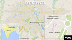 Map showing the location of the Chinese embassy in New Delhi, India