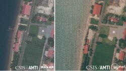 Left: The headquarters building as it stood on August 22; Right: The demolished site on October 1. (Courtesy photo of CSIS Asia Maritime Transparency Initiative)