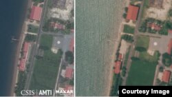 Left: The headquarters building as it stood on August 22; Right: The demolished site on October 1. (Courtesy photo of CSIS Asia Maritime Transparency Initiative)