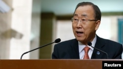 United Nations Secretary-General Ban Ki-moon addresses a news conference at the U.N. European headquarters in Geneva, Switzerland, Feb. 29, 2016. 
