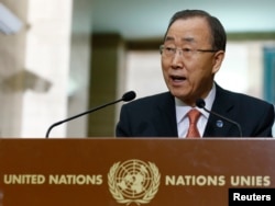 FILE - United Nations Secretary-General Ban Ki-moon addresses a news conference at the U.N. European headquarters in Geneva, Switzerland, Feb. 29, 2016.