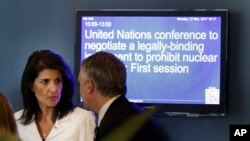 Ambasadorka Sjedinjenih Država u UN, Niki Hejli, ispred Generalne skupštine u sedištu Ujedinjenih nacija, 27, mart 2017. (AP Photo/Seth Wenig) 