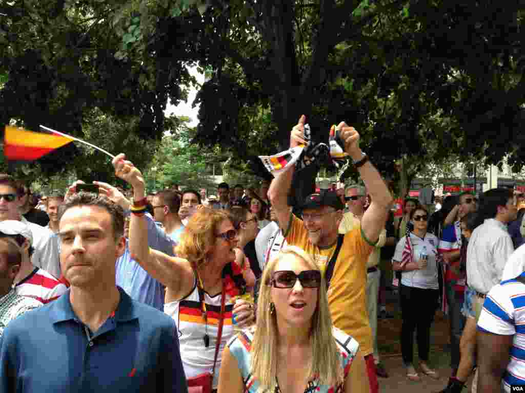 German couple Ralph and Jutta Uhl react to Germany’s winning goal against the USA in Washington’s Dupont Circle Park on Thursday, June 26, 2014.