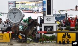 Exaggerator with Kent Desormeaux aboard wins the 141st Preakness Stakes horse race at Pimlico Race Course in Baltimore, May 21, 2016.