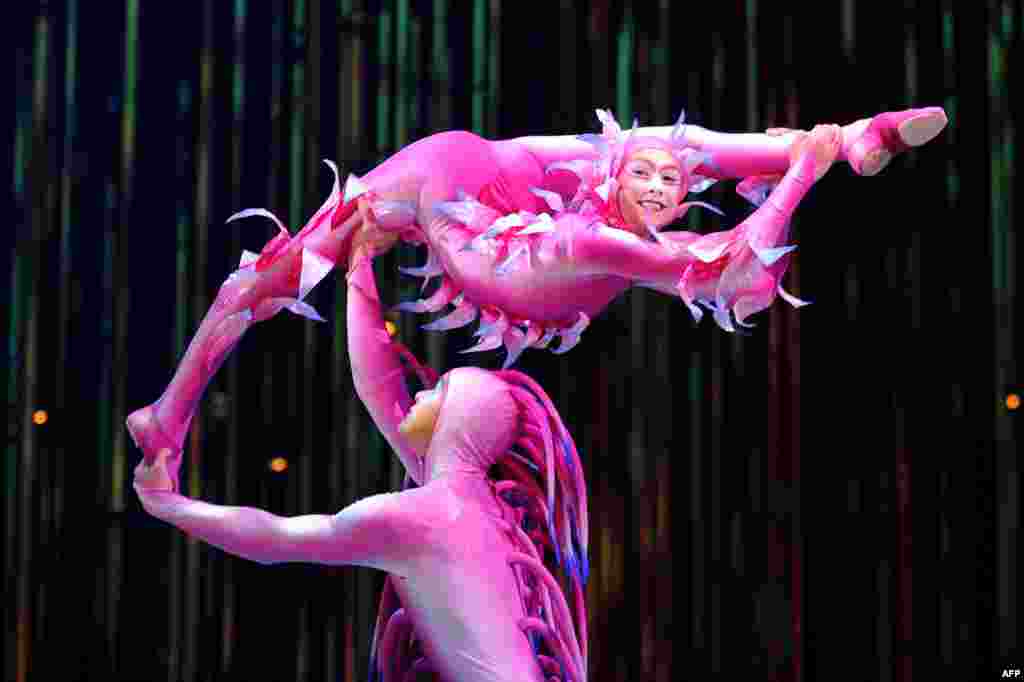 Cirque du Soleil performs onstage during Varekai at Carpa Santa in Mexico City, Mexico, Sept. 18, 2013.