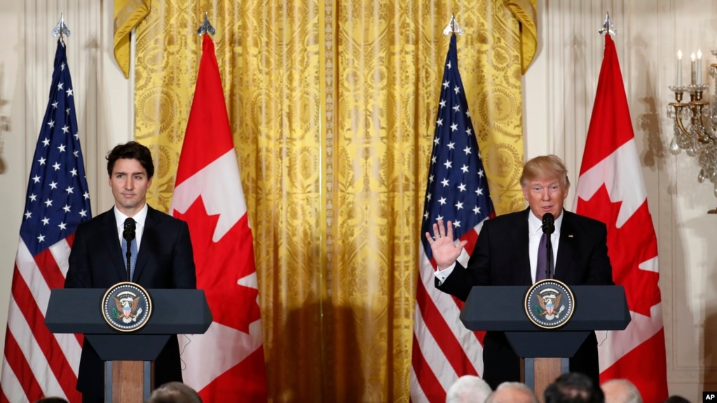 President Donald Trump and Canadian Prime Minister Justin Trudeau participate in a joint news conference in the East Room of the White House in Washington, Feb. 13, 2017. 