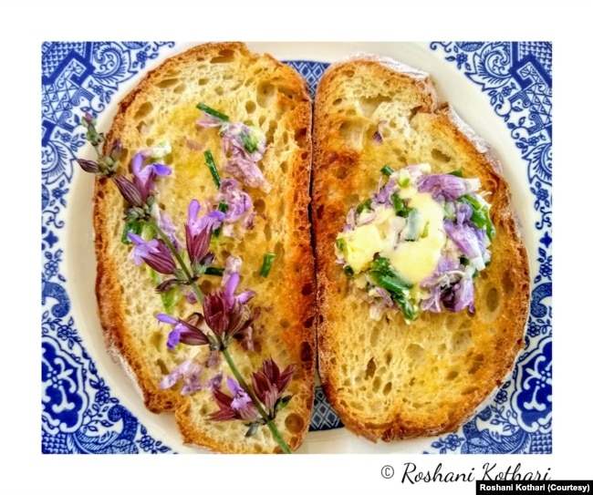 Food photographer and master gardener Roshani Kothari mixes sage flowers with butter to put on top of bread. (Photo: Roshani Kothari)