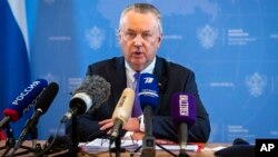 Permanent Representative of the Russian Federation to the OSCE, Ambassador Alexander Lukashevich speaks during a news conference in Vienna, Austria, Jan. 13, 2022. 