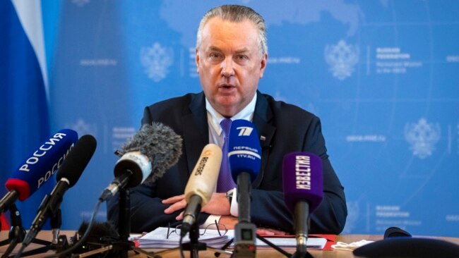 Permanent Representative of the Russian Federation to the OSCE, Ambassador Alexander Lukashevich speaks during a news conference in Vienna, Austria, Jan. 13, 2022.