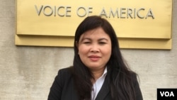 Meach Sovannara’s wife, Jamie Meach, in front of Voice of America building, April 21, 2016. (Photo: Men Kimseng/VOA Khmer)