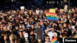 FILE PHOTO: Protest against latest anti-LGBTQ law in Budapest