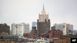 FILE - The building of the Russian Foreign Ministry, center, is seen in Moscow, Russia, March 28, 2018.