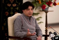 Pakistani Interior Minister Chaudary Nisar Ali Khan addresses a news conference in Islamabad, Pakistan, March 17, 2016.