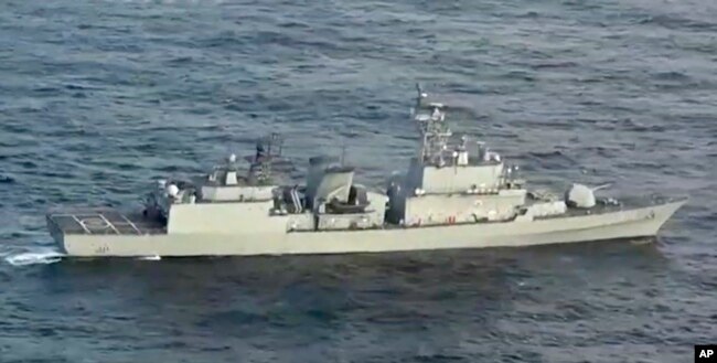 In this image made from video released, Dec. 28, 2018, by the Japan Maritime Self-Defense Force, a South Korean naval warship is seen as it allegedly locks its fire-control radar on a Japanese warplane, Dec. 21, 2018, in the disputed waters north of Japan.