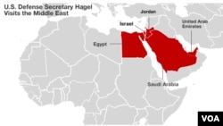 U.S. Defense Secretary Chuck Hagel's stops on his five-nation tour of the MIddle East.