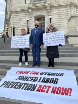 Rep. Jim McGovern stood in solidarity with Uyghurs who fled what have been described as concentration camps in China outside a congressional building in Washington on Dec. 3, 2021.