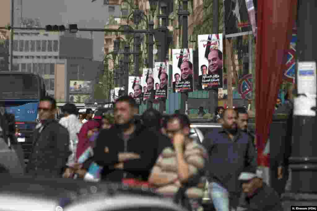 The campaign is driven largely by Egyptians' thirst for stability after years of turbulence following the popular uprising of 2011 that threw out longtime leader Hosni Mubarak. A campaign banner in downtown Cairo has the signatures of Sissi supporters. 