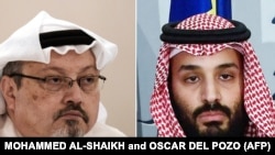 Jamal Khashoggi (esq) e príncipe herdeiro saudita Mohammed bin Salman (dir) foto composta