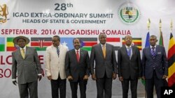 13일 소말리아 수도 모가디슈에서 진행된 '동아프리카 지역개발 정상회의(IGAD)'에 모인 아프리카 정상들. 왼쪽은 요웨리 무세베니 우간다 대통령, 세번째가 개최국 소말리아의 하산 셰흐 마하무드 대통령이다.