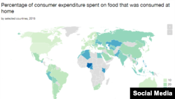 Dünya ölkələrində ev şəraitində ərzaq məhsullarına sərf edilmiş istehlak xərclərinin göstərildiyi xəritə