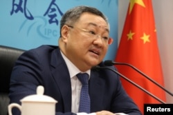 資料照:中國外交部軍控司司長傅聰在記者會上講話。 (2020年7月8日)