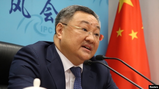 中国外交部军控司司长傅聪在记者会上讲话。（2020年7月8日）