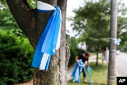 Alison Lebrun, center background, helps tie blue-and-white awareness ribbons near the family home of Otto Warmbier, in the Wyoming suburb of Cincinnati, Ohio, June 13, 2017.