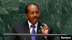 FILE - Hassan Sheikh Mohamud, Somalia's president, addresses the U.N. General Assembly in New York, Sept. 26, 2014.