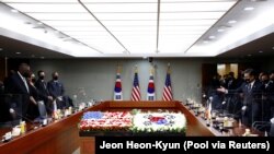 U.S. Defense Secretary Lloyd Austin joins the 53rd Security Consultative Meeting with South Korean Defense Minister Suh Wook a​t the Ministry of National Defense in Seoul, South Korea on December 2, 2021. (Jeon Heon-Kyun/Pool via REUTERS)
