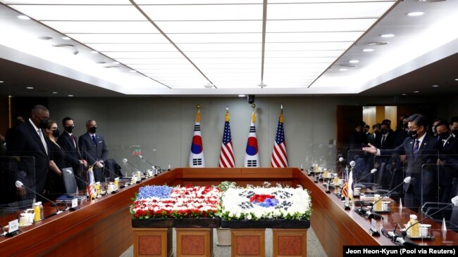 U.S. Defense Secretary Lloyd Austin joins the 53rd Security Consultative Meeting with South Korean Defense Minister Suh Wook a​t the Ministry of National Defense in Seoul, South Korea on December 2, 2021. (Jeon Heon-Kyun/Pool via REUTERS)