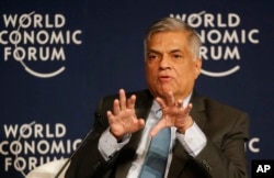 Sri Lanka’s Prime Minister Ranil Wickremesinghe speaks during a debate hosted by the Associated Press at the World Economic Forum in Davos, Switzerland, Jan. 21, 2016. The debate focused on the future of South Asia.