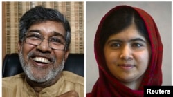 FILE - This year's Nobel Peace Prize winners are Indian children's right activist Kailash Satyarthi, left, and Pakistani schoolgirl activist Malala Yousafzai.