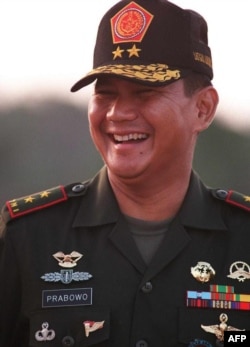 FILE - Indonesian Major General Prabowo Subianto, photographed Sept. 14, 1996, while head of the elite Kopassus unit, during a military exercise in the Natuna islands.