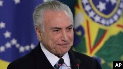 Brazil's President Michel Temer attends the inauguration ceremony of his new Justice Minister Torquato Jardim at Planalto presidential palace in Brasilia, Brazil, May 31, 2017. 