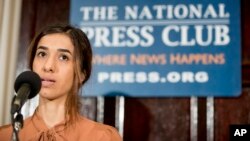 Nadia Murad, co-recipient of the 2018 Nobel Peace Prize, speaks at a news conference at the National Press Club in Washington, Oct. 8, 2018.