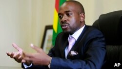 In this March 8, 2018 photo, the leader of MDC-T, Zimbabwe's biggest opposition party, Nelson Chamisa gestures during an interview with the Associated Press in Harare. 