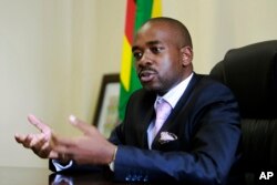 FILE - In this March 8, 2018 photo, the leader of MDC-T, Zimbabwe's biggest opposition party, Nelson Chamisa gestures during an interview with the Associated Press in Harare.
