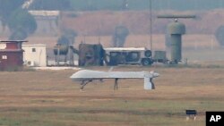 An unmanned aerial vehicle at the Incirlik Air Base, on the outskirts of the city of Adana, southern Turkey, (July 30, 2015.) 