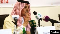 FILE - Saudi Foreign Minister Prince Saud al-Faisal addresses a news conference following a meeting of the Organization of Islamic Cooperation (OIC), on the situation in the Gaza Strip in Jeddah, Aug. 12, 2014.