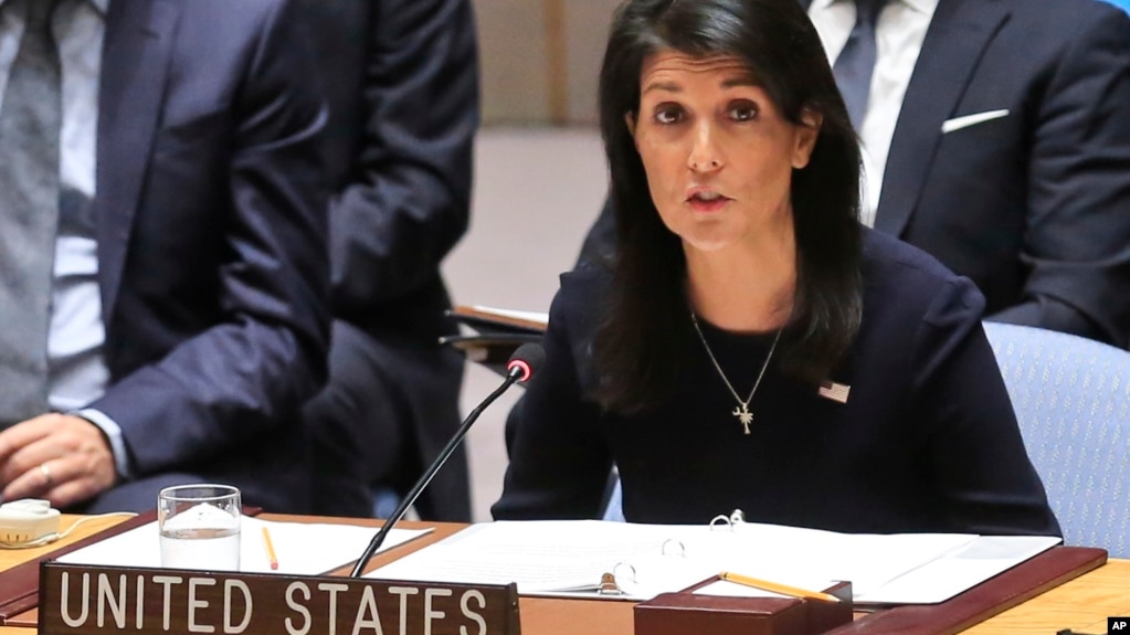 United Nations U.S. Ambassador Nikki Haley addresses a U.N. Security Council meeting on North Korea, Sept. 4, 2017 at U.N. headquarters. (AP Photo/Bebeto Matthews)